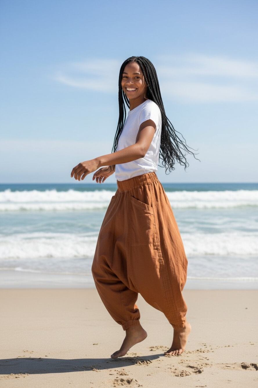 Free People Beach Brown Adjustable Drawstring Ruched Harem Cargo Pants sz Small